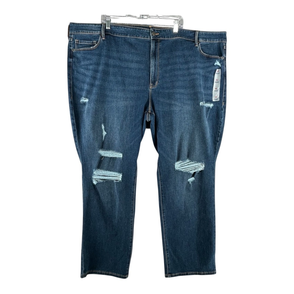 Old Navy Womens Plus Size 30 Mid Rise Power Slim Straight‎ Distressed Blue Jeans